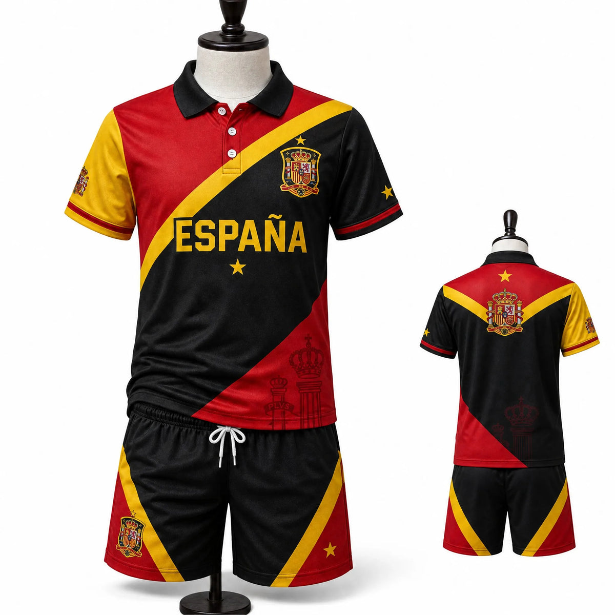 Kinder Spanien Polo-Shirt und Shorts Set für Jungen und Mädchen, Passendes Sommer-Outfit in Rot-Schwarz mit Wappen und Stier-Grafik, Lässiges Reise- und Urlaubsoutfit