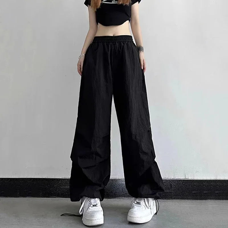 Leichte Dünne Fallschirm Hosen Frauen Kordelzug Hohe Taille Cargo Hosen Frau Harajuku Streetwear Breite Bein Baggy Jogginghose