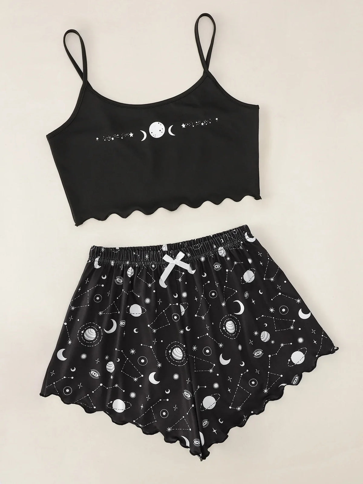 Damen-Nachtwäsche, Sommer-Pyjama-Set, Stern-Mond-bedruckt, ärmellos, Sling-Crop-Tops und Shorts, Set, Homewear, Loungewear