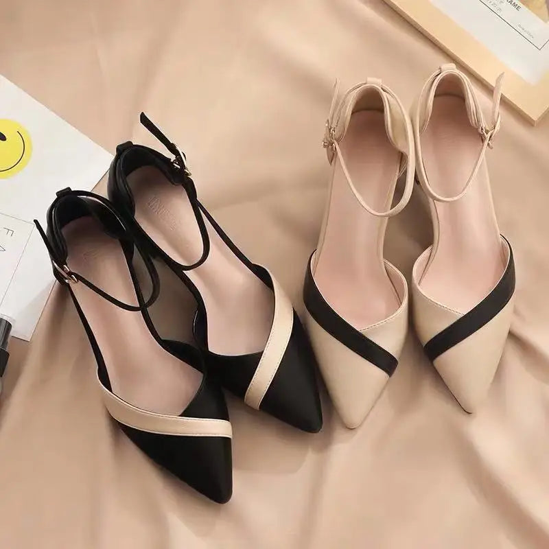 Klassische Damen-Pumps mit Beigefarbenem Quadratischem Absatz und Spitzer Form für Partys, Frühling und Sommer, Schwarze Schnalle, PU-Leder, Professionelle Schuhe