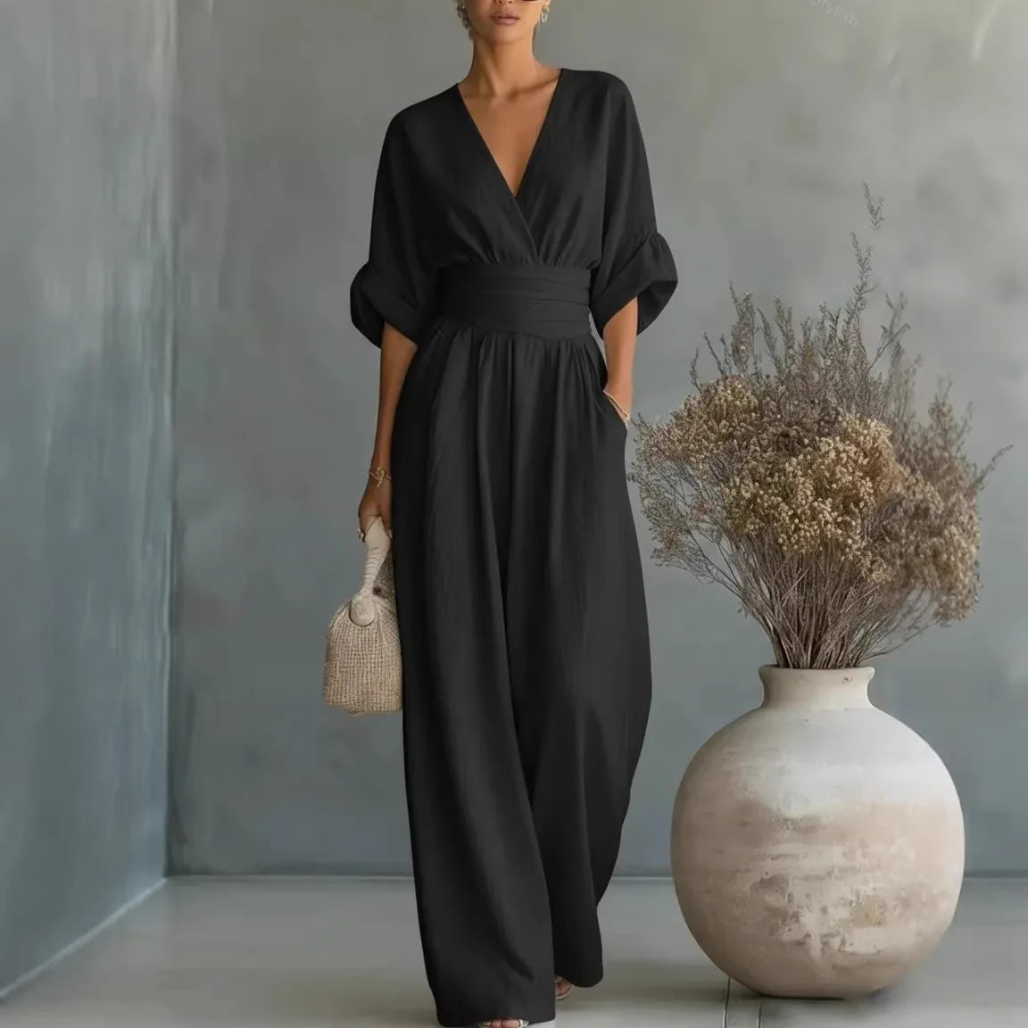 2026 Frühling Damen Jumpsuits mit tiefem V-Ausschnitt, elegante einfarbige High-Waist-Rompers, lässige Weite-Bein-Hosen mit Taschen, Overall für den Urlaub