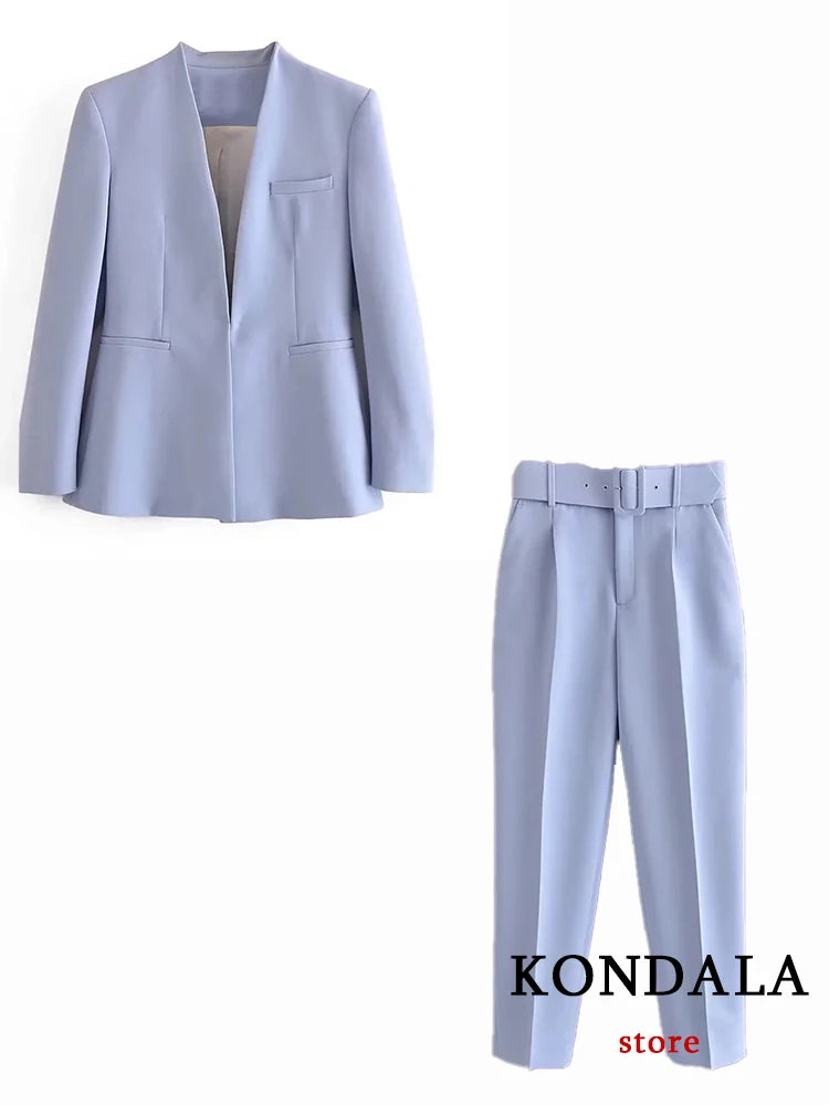 KONDALA Büro Dame Hellblau Blazer Anzüge Frauen 2 Stück V-ausschnitt Lose Jacken + Hohe Taille Schärpen Hosen Mode 2023 herbst Sets