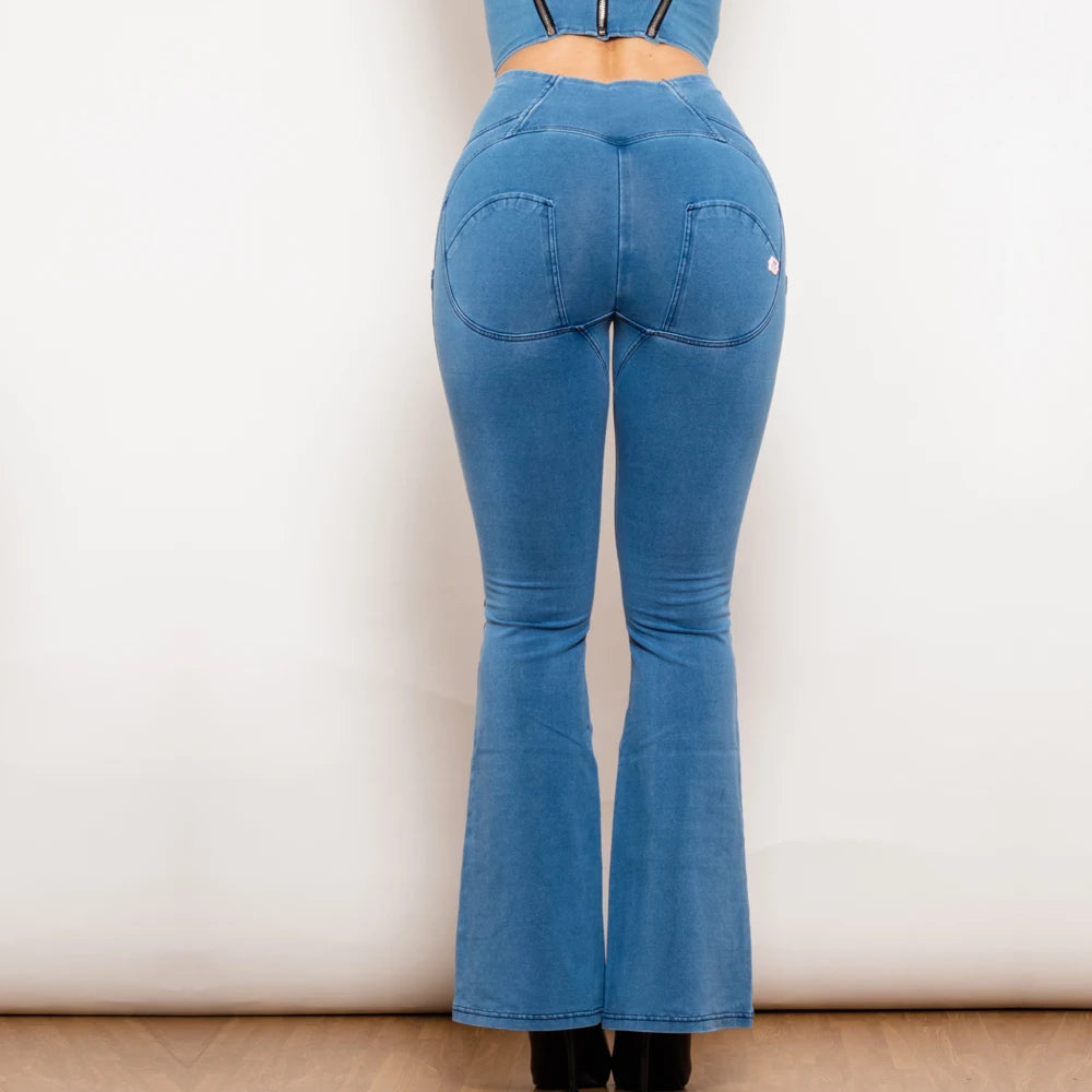 Shascullfites Melody Hellblaue, ausgestellte Lift-Jeggings, Button-Up-Jeans, formende Jeans für Damen, hohe Taille, Flare-Jeans