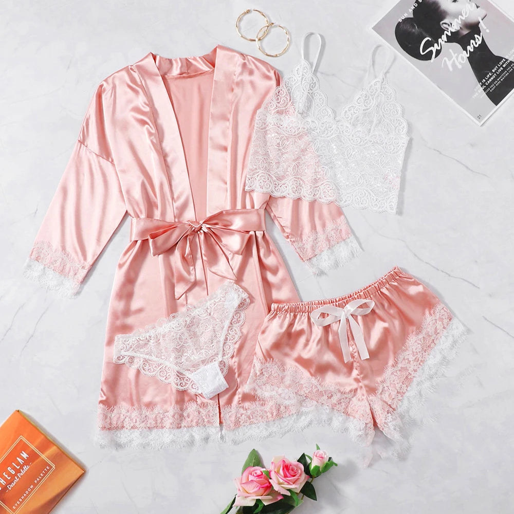 4PCS Frauen Pyjama Anzug Mode V-ausschnitt Stretch Seide Satin Robe Spitze Sexy Dessous Bademantel Bowknot Pyjamas Shorts Set Nachtwäsche