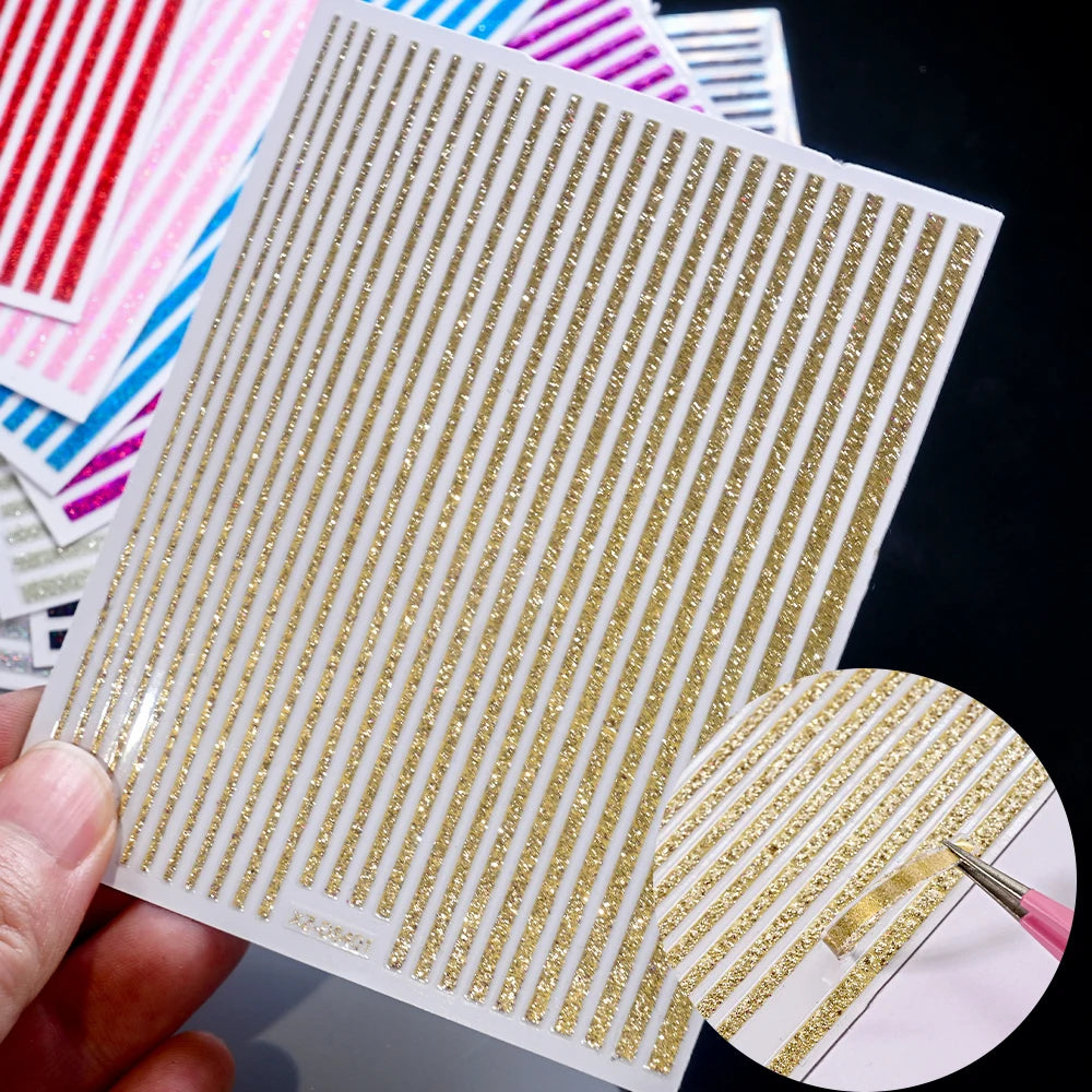 1/8 Stück 3D Glitter Line Stripe Nagelaufkleber Glänzendes Gold Silber Streifen Geometrie Selbstklebender Slider Glitzer French Line Nagelaufkleber