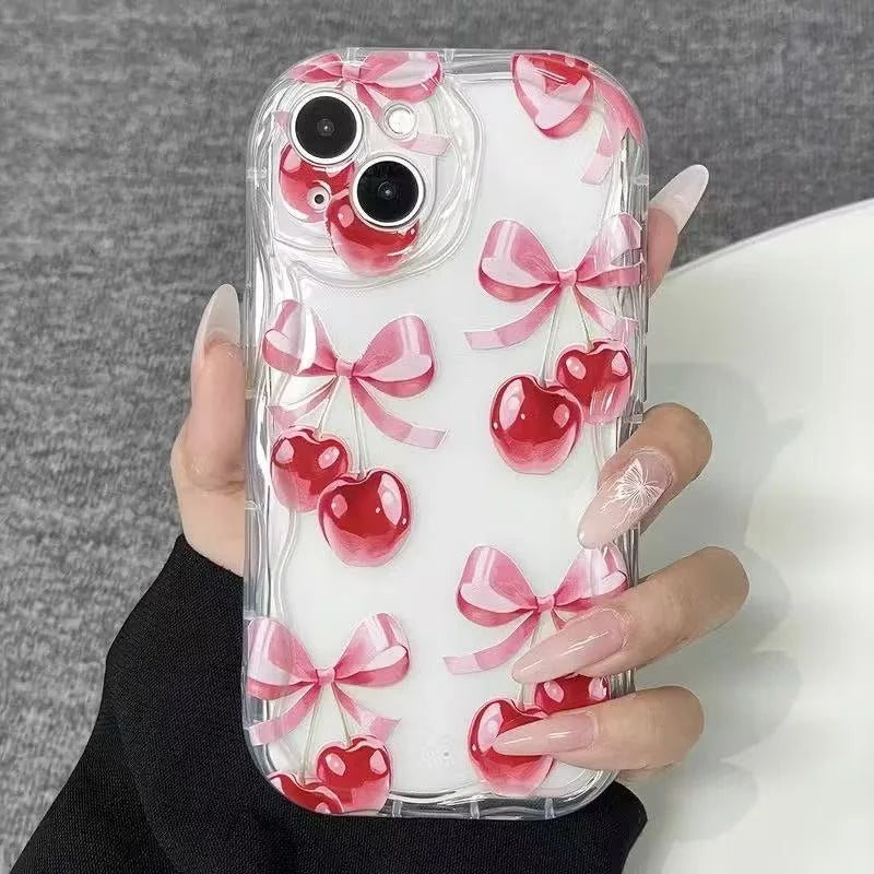 Rosa Kirschblüten-Schleifenmuster Wellenrand-Handyhülle für iPhone 17 Pro Max 16 15 14 Plus 13 12 11 Pro Max 16e 17e Transparente Hülle