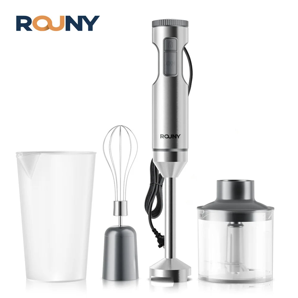 ROUNY 4-in-1-Handmixer, 1000 W, leistungsstarker Stabmixer aus Edelstahl, 700 ml Rührbecher, 500 ml Prozessor, Schneebesen