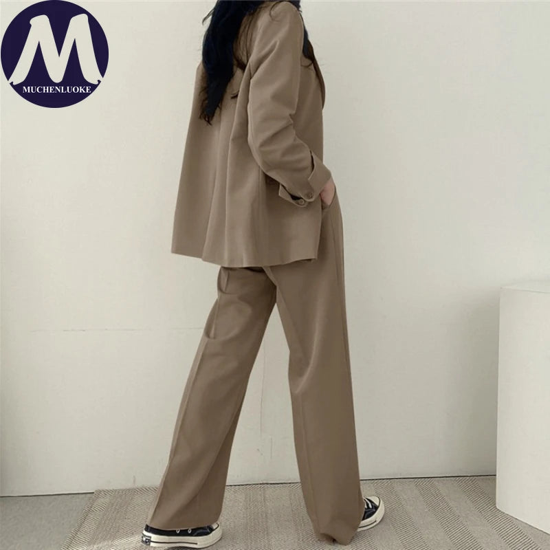 Koreanisches Damenmode-Zweiteiler-Set, Langarm-Blazer und weit geschnittene Hose, Büro, Freizeit, lockerer Schnitt, Frühling, Herbst, neuer Stil