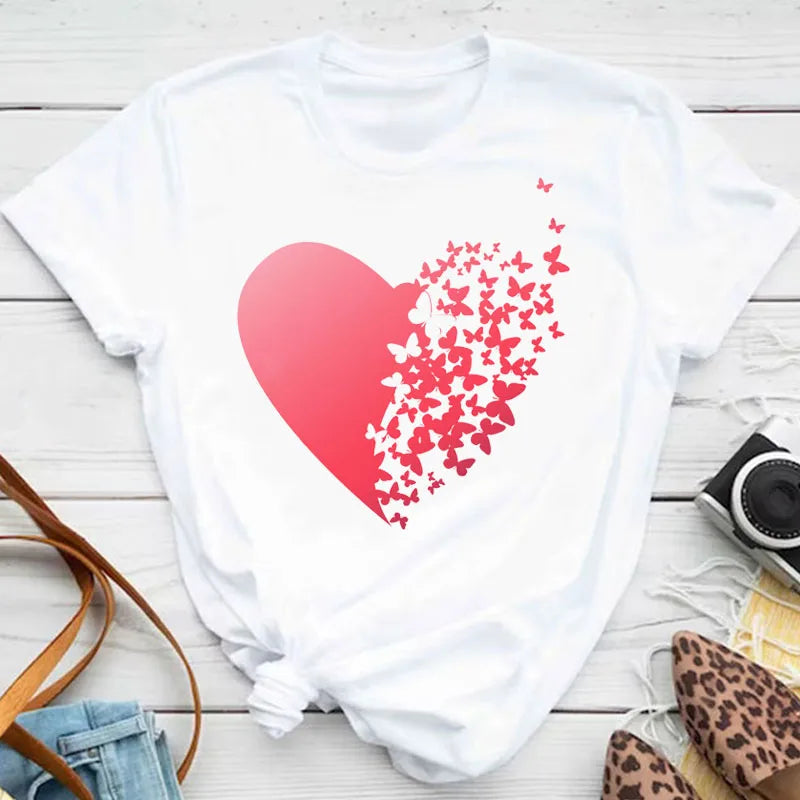 Neue blaue Schmetterling Blumen gedruckt T-Shirt Frauen Sommer lässig Kurzarm O-Ausschnitt Tops 90er Jahre Mode Grafik weibliche Tops T-Shirts