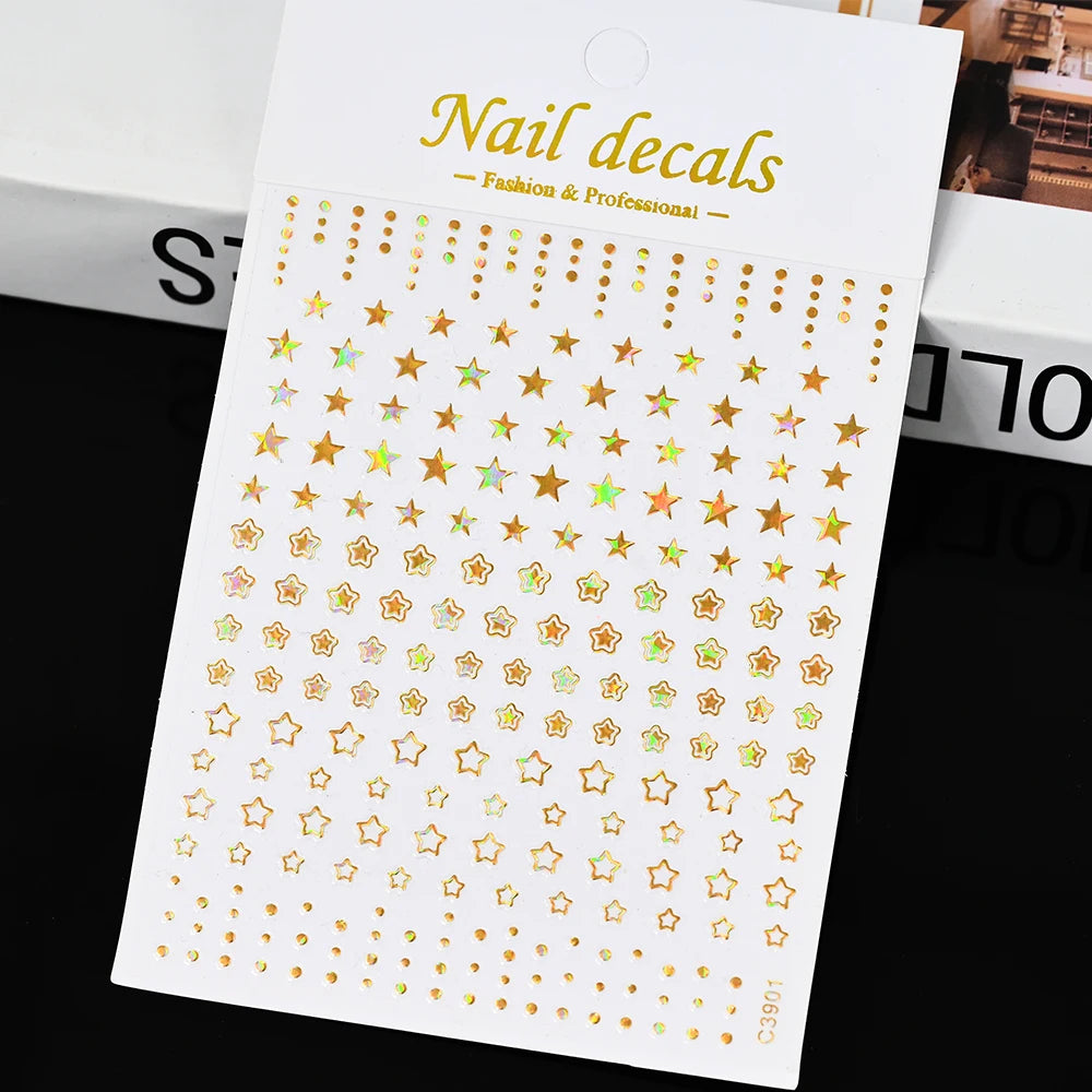 Vergoldete Stern und Mond Bronzing Nail Art Aufkleber hochwertige 3D Gold/Silber selbst klebende Slider DIY Nagel Aufkleber Dekoration 8*10cm