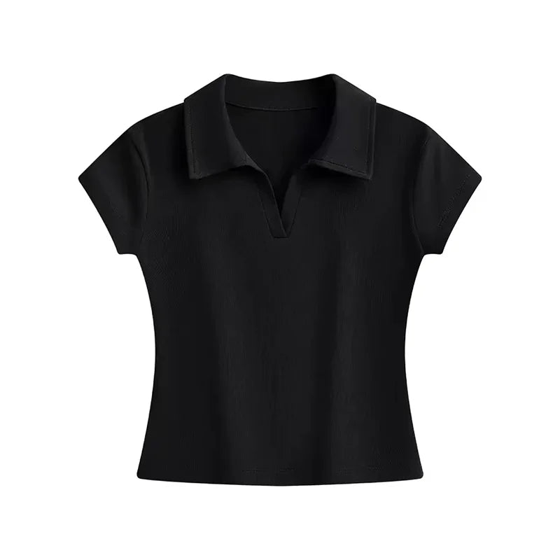 Minimalistisches Vielseitiges Casual-Oberteil 2026 Sommer Neu Einfarbig Gerippter Polokragen Damen T-Shirt Koreanischer Stil Schlankes Kurzarm-Shirt