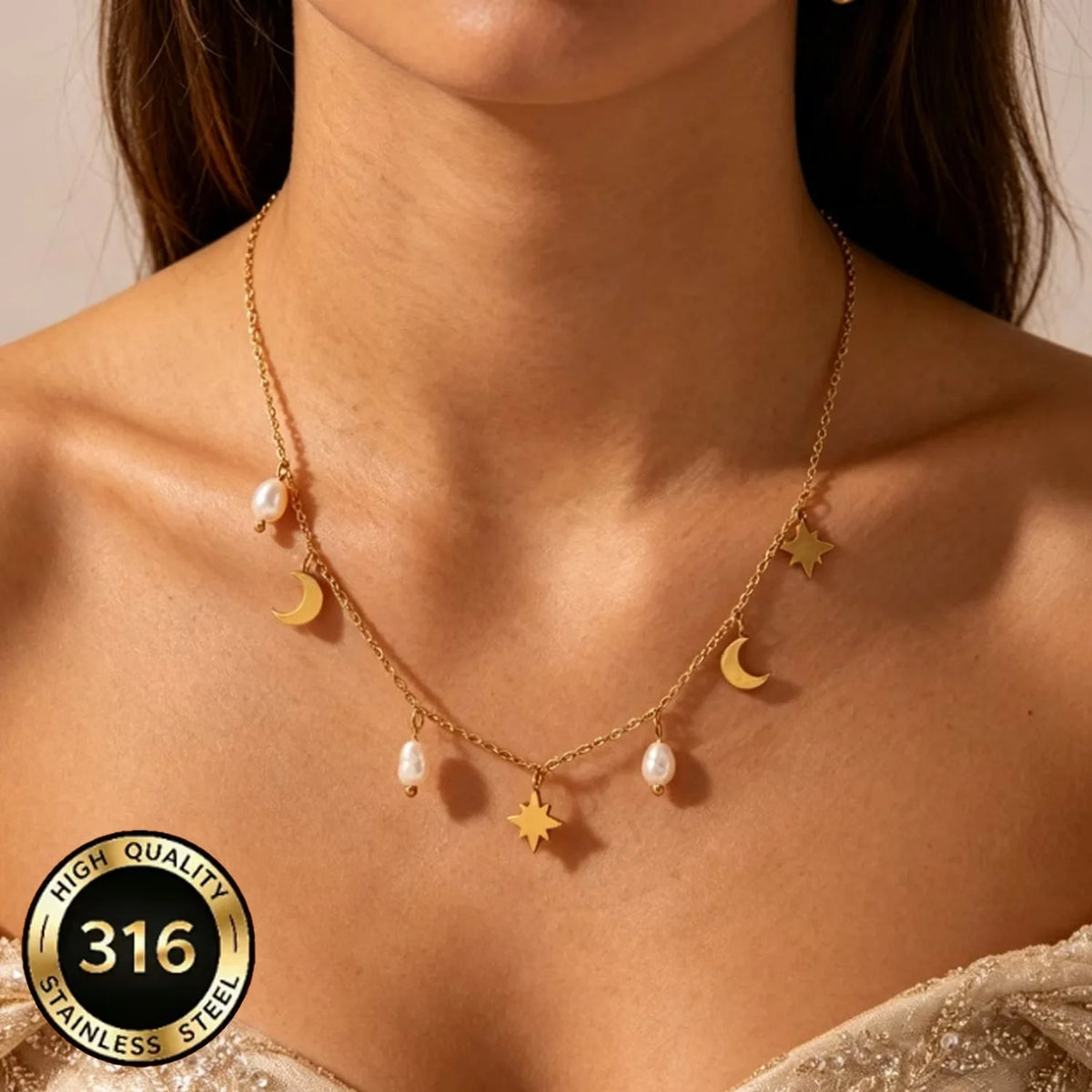 Elegante 18K Vergoldete Edelstahl Stern- und Mond-Anhänger Halskette mit Französischem Stil Zarter Perlenschmuck für Süße Mädchen