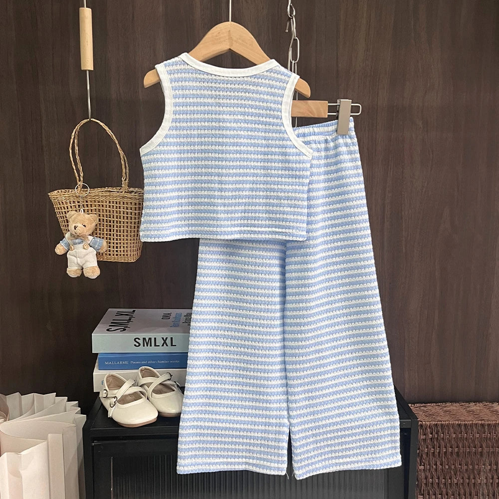 Bear Leader Modische und schlichte, gestreifte, bedruckte Mädchenkleidung im koreanischen Stil, Sommer, neuer Street-Style, ärmelloses Oberteil mit Schleife + Hose