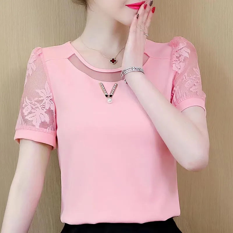 Damen Frühling Sommer Stil Chiffon Blusen Hemden Lady Casual Spitze Kurzarm O-Ausschnitt Blusas Tops
