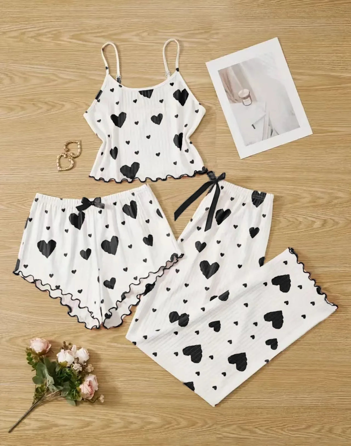 Frauen Nachtwäsche Herbst Winter Pyjamas Sets Herz Druck Ärmellose Cami Weste mit Lange Hosen Hosen Set Sexy Dessous Pyjamas
