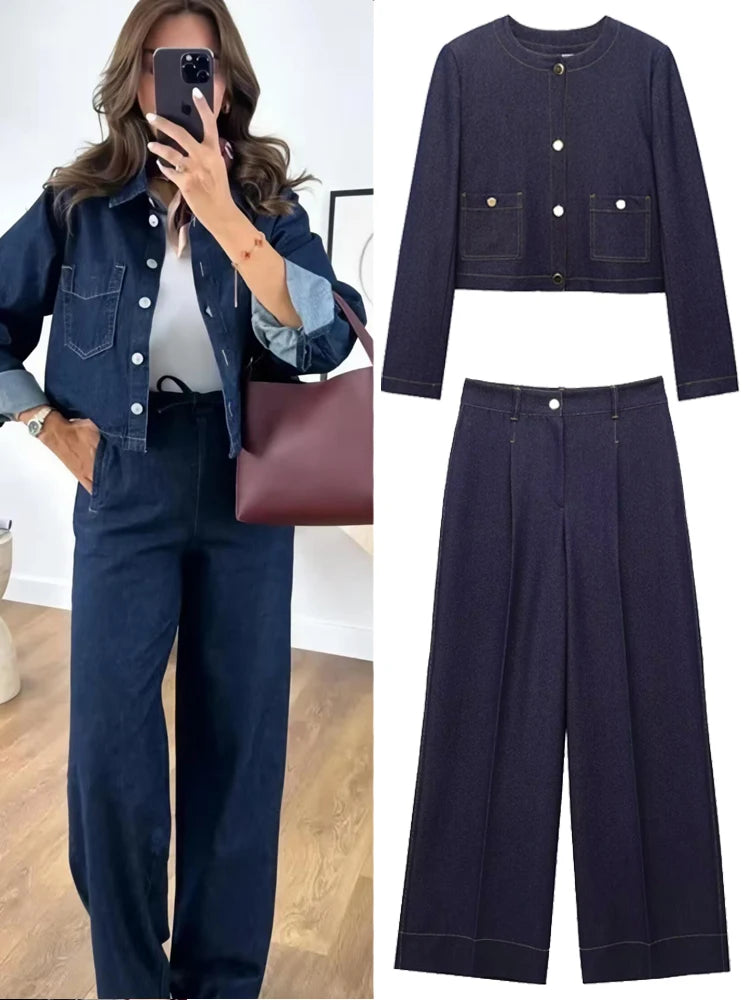 HXAO Denim-Set für Damen, Jeans-Set, Denim, 2-teiliges Set, Streetwear, Damenhose, Denim-Outfits, zweiteiliges Set, Damen-Denim-Oberteil, Jacke