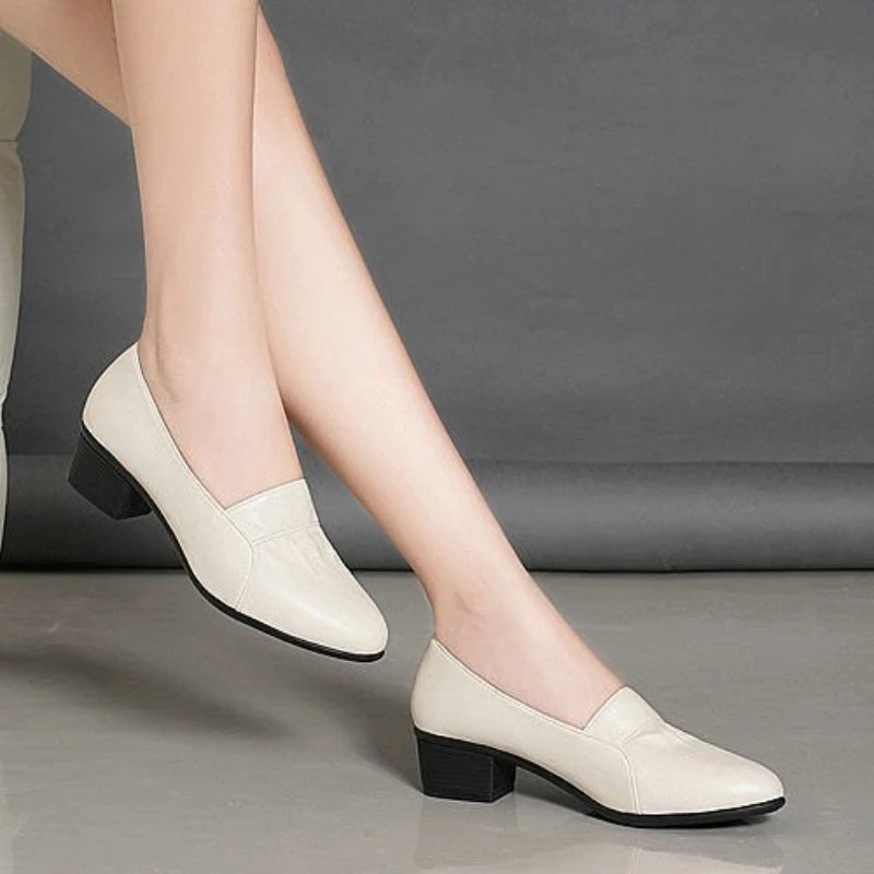 Komfortable Walking-Schuhe für Damen, mittelhohe Blockabsatz-Pumps, Slip-On-Loafer aus PU-Leder, Vintage-Stil, quadratische hohe Absätze, Büro-Damenschuhe, elegante Schuhe