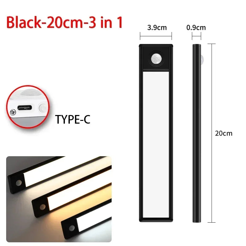 10–60 cm Bewegungsmelder unter dem Schrank, kabelloses, wiederaufladbares USB-Nachtlicht, 3 Farben, Schranklampe für den Innenbereich, Schlafzimmerbeleuchtung