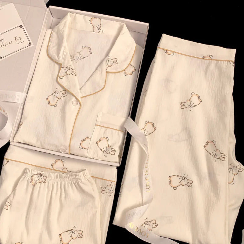 Frauen Neue Koreanische Einfache Kaninchen Druck Pyjamas Frühling und Sommer Wolken Drei-Stück Set Mode Faul Freizeit hause Tragen
