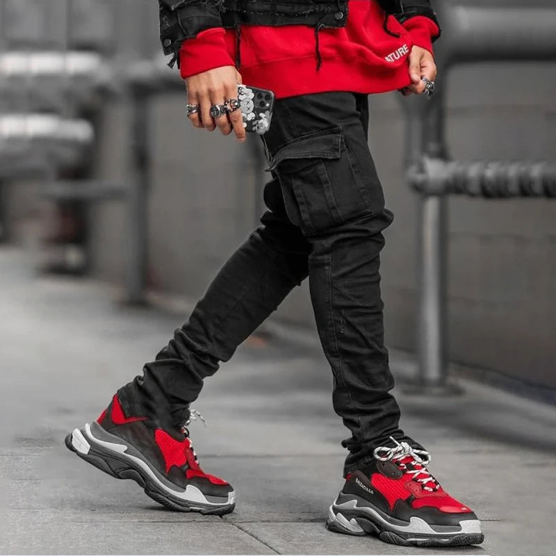 Stilvolle Flut Marke Männer Cargo Schmale Bein Denim Hosen Elastische Slim Fit Jeans Einfarbig Multi Taschen Beiläufige Dünne Männliche Hosen