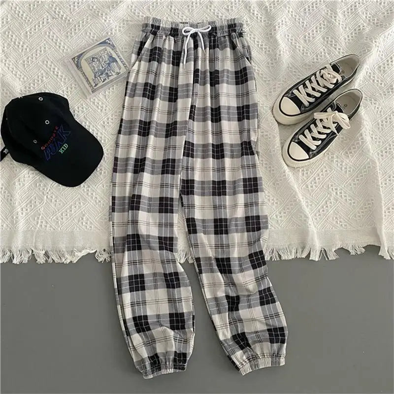 Casual Hosen für Frauen Koreanische Neue Mode Lose Schwarz Plaid Sommer Harajuku Studenten Harem Lange Hosen Streetwear Hosen Chic