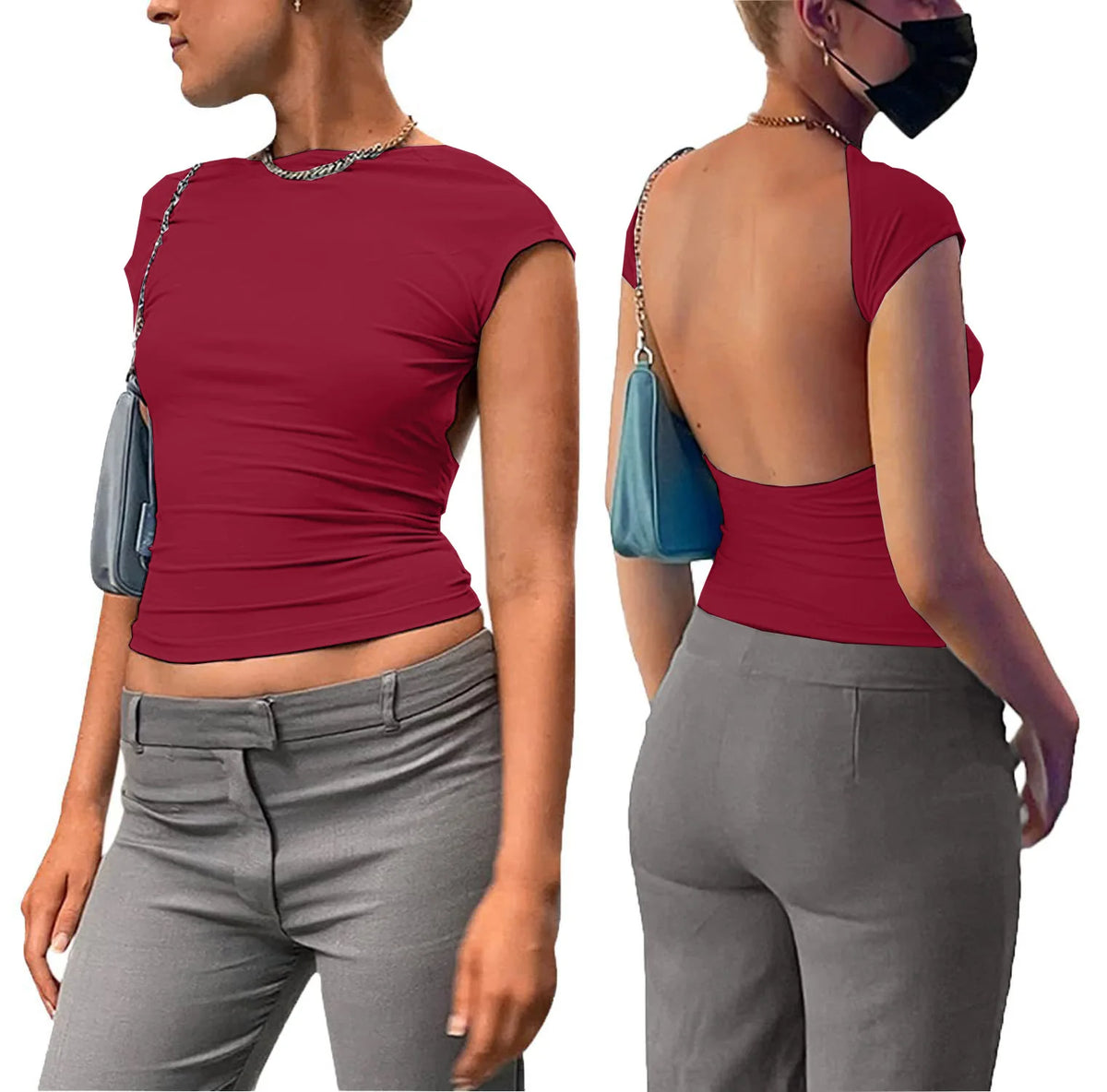 Y2K Frauen Sexy Oansatz kurzarm Bodycon T Shirt Mode Lässig Solide Street T Shirt 2023 Club party Backless T Shirt