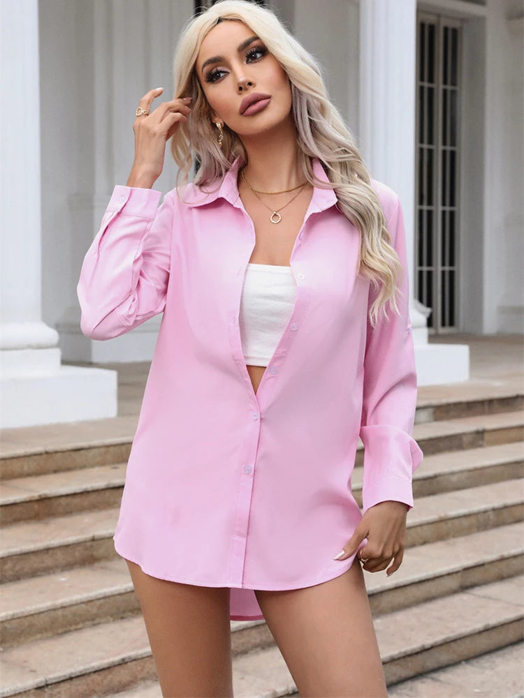 Elegante Damenbluse mit Langen Ärmeln, Büro-Look mit Umlegekragen, Einfarbige Chiffon-Bluse für Sommer und Herbst, Schlanke Oberteile, Übergroße Tuniken