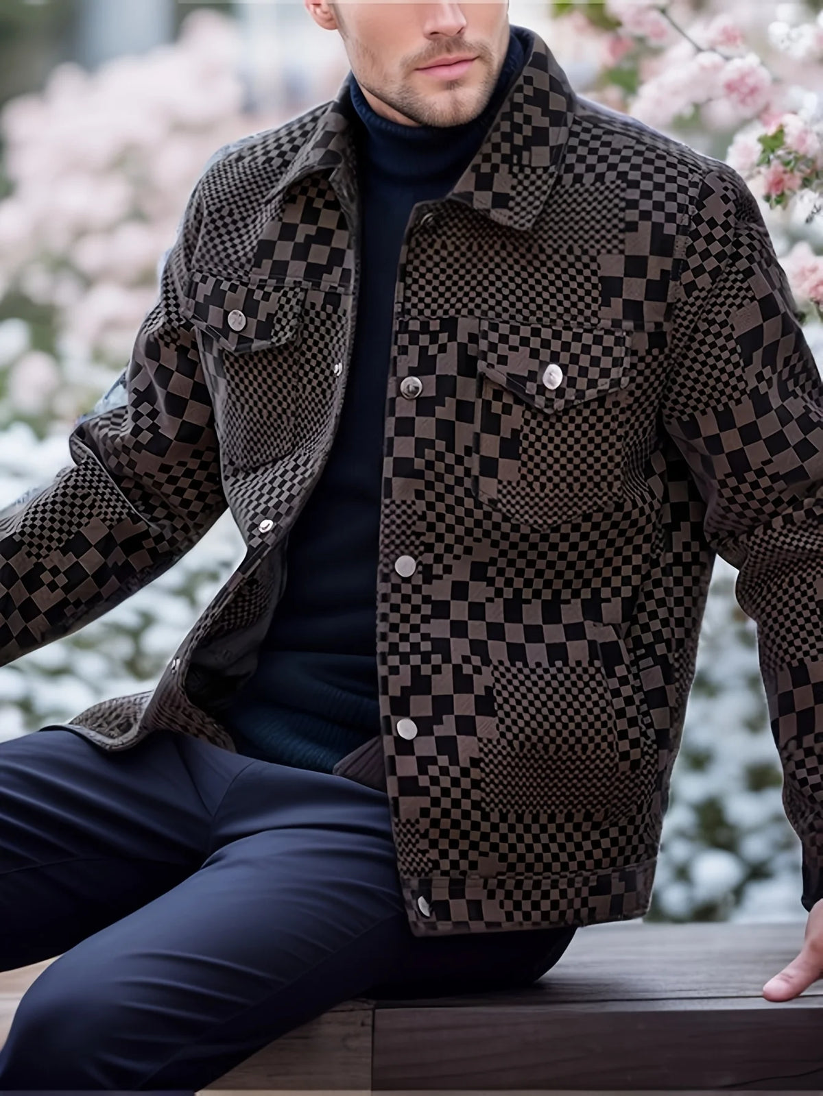 Herren Freizeitjacke mit Schachbrettmuster, Reverskragen, Langen Ärmeln und Vordertaschen - Warme Fleece-gefütterte Oberbekleidung für Herbst & Winter