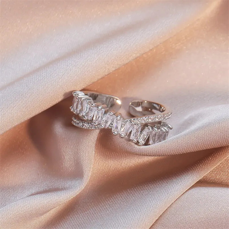 Luxus Zirkon Shiny Chic Resizable Doppel Student Öffnung Ringe für Frau Silber Farbe Gothic Finger Schmuck Hochzeit Party