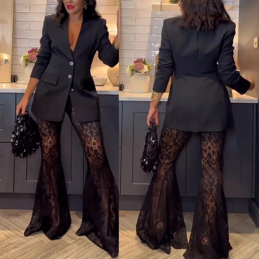Frauen Mode Elegante Blazer Jacquard Spitze Hosen Sets Schlank Taste Volle Hülse Anzug Jacke Lange Flare Hosen Dame Party Outfits