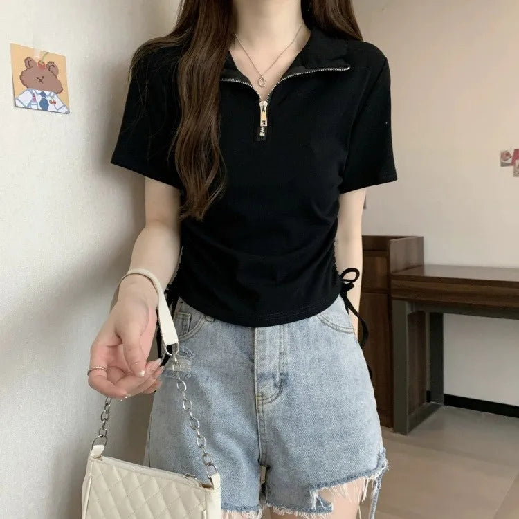 Damen Halbzip-Poloshirt Sommer Kurzarm Gerafftes Crop-Top mit Kordelzug Slim Fit Casual für Damen