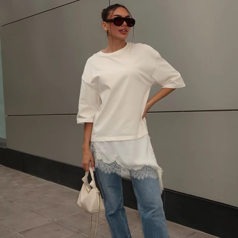 MUJER Polo Spitze Damen T-Shirt Asymmetrische Tank Tops für Frau Kurzarm Lustige Frau T-Shirts Streetwear Casual Tops Damen