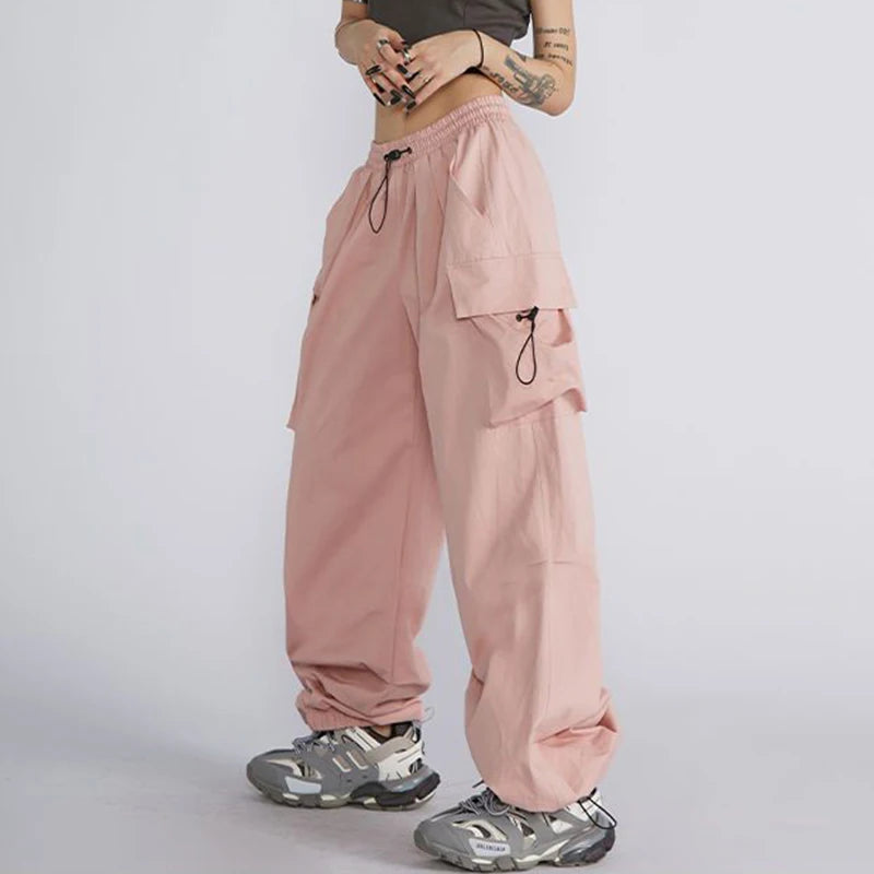 Große Größe Weibliche High Street Cargo Hosen Dame Baggy Hohe Taille Gerade Bein Hosen Mädchen Klassische Mode Kordelzug Hosen