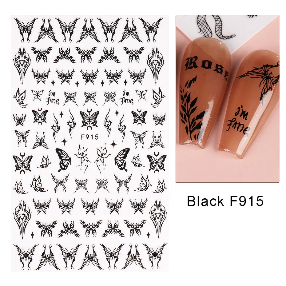 1PCS Schwarz Weiß Schmetterling Laser Nagel Aufkleber Y2K Nail art Dekoration Abstrakte Linien Bronzing Blumen Aufkleber Für Nägel