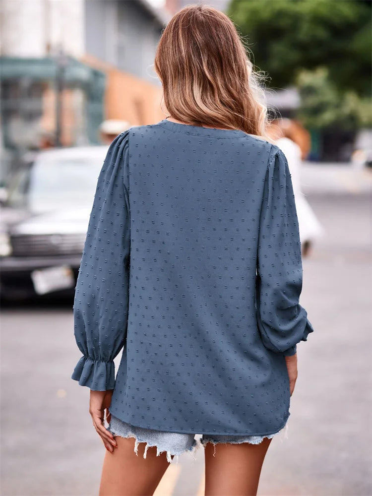 Frauen Frühling Herbst Stil Blusen Shirts Dame Casual langarm V-ausschnitt Einfarbig Lose Bluse Tops DF5009