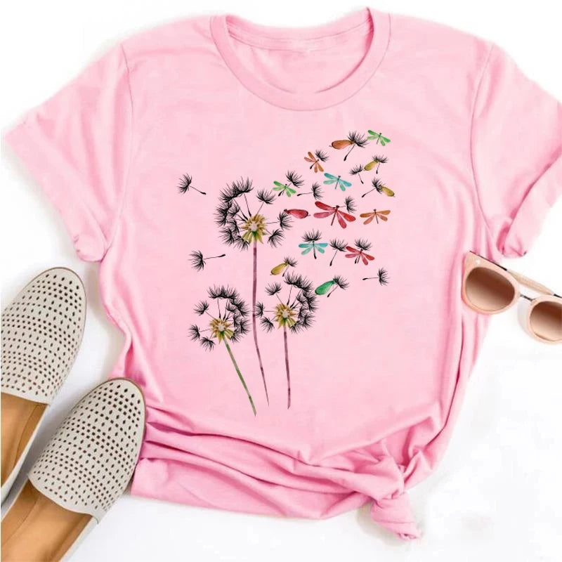 Neue Löwenzahn gedruckt Frauen T-Shirt Cartoon Grafik gedruckt schwarz Damen T-Shirt lässig Frau Shirt lustige T-Shirts