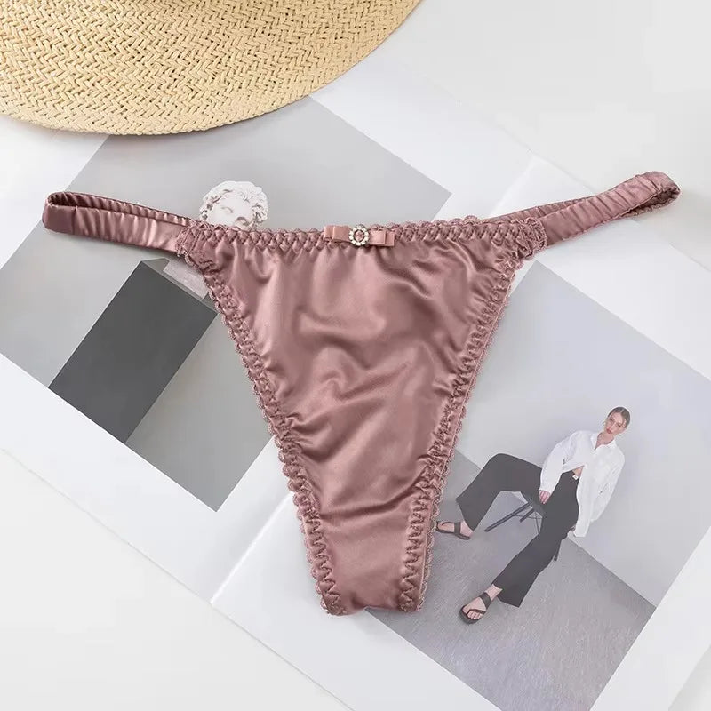 Dünner Gürtel-Slip mit Schleife für Damen und Mädchen, Sportunterwäsche, Tanga, niedrige Taille, nahtlos, weiche Satin-Slips, Damen-Dessous