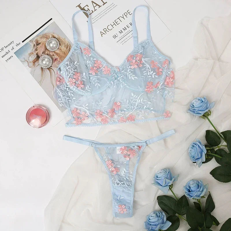 Spitze Blumenstickerei Durchsichtiger BH Höschen Set Damen Unterwäsche Sexy Dessous Erotik 2-teilige BH Slip Sets