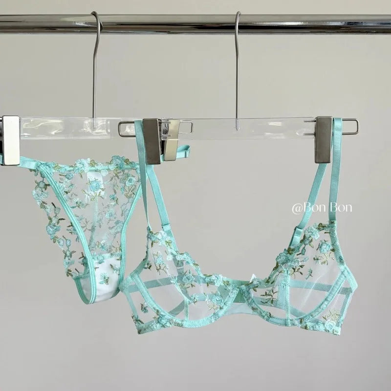 Tägliches französisches Spitzen-BH-Set, durchsichtiges Mesh-Bügel, große Brustunterstützung, Blumenstickerei, Komfortkleidung, sexy MOYISU-Höschen, bezauberndes Set