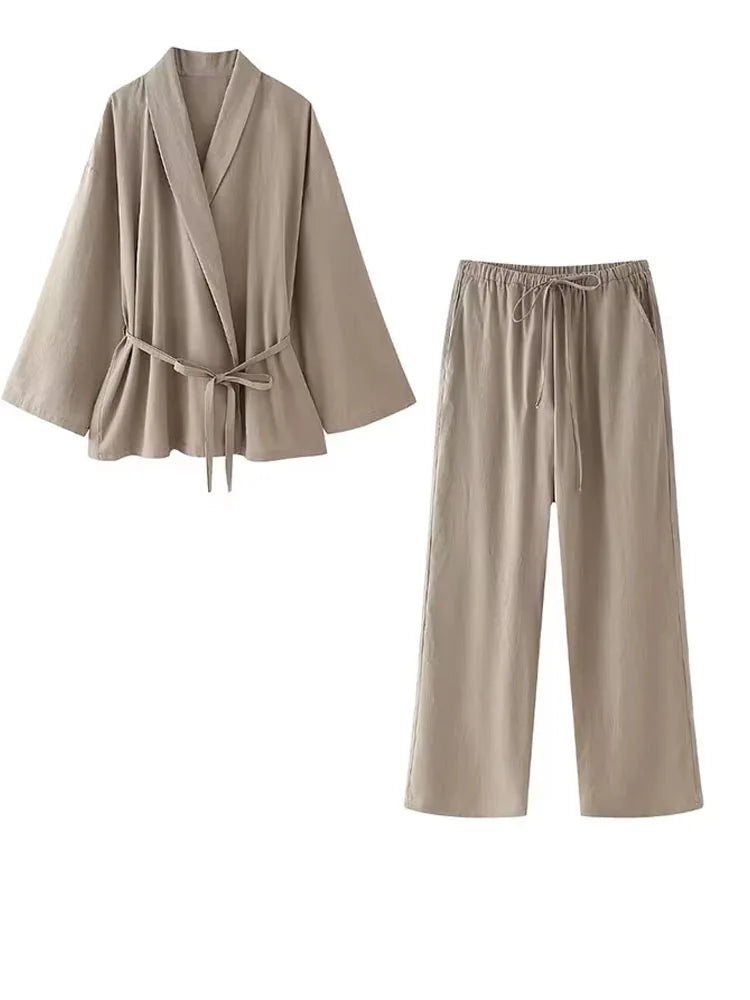 Frauen Khaki Hosen Set Langarm Kordelzug Strickjacke + Feste Elastische Taille Baggy Hosen Casual Lose Urlaub Stil Roupas