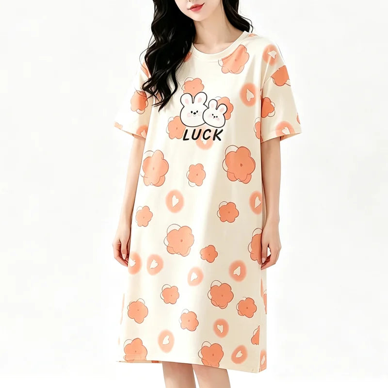 Damen-Pyjama in Übergröße, kurzärmeliges Nachthemd, LUCK langer Studenten-Bademantel, Kaninchen-Maxirock, Loungewear, Mädchenkleid, süßes Pyjama-Kleid