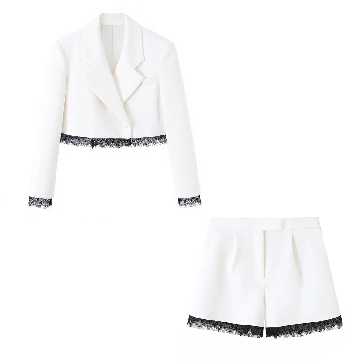 KONDALA Vintage Elegantes Damen-Frühlings-Set 2026: Kurzer Blazer mit Spitze und Reißverschlusstaschen + Schicke Freizeit-Shorts für Frauen