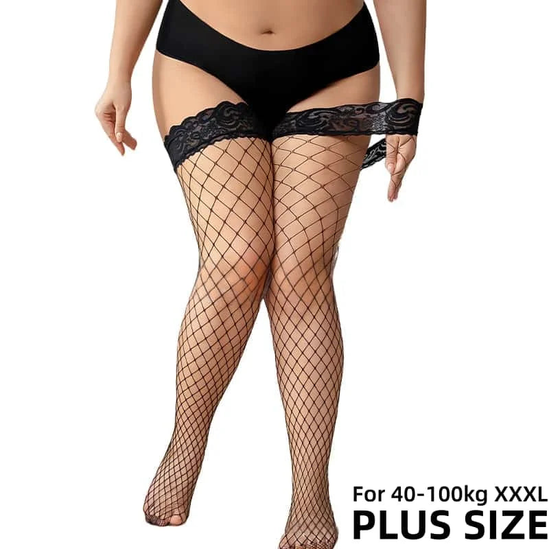 Übergroße Frau Sexy Spitze Top Silikon Stay Up Netzstrümpfe Plus Große Größe Frauen Ultra Dünne Sheer Lange Über Knie Socken XXXXL