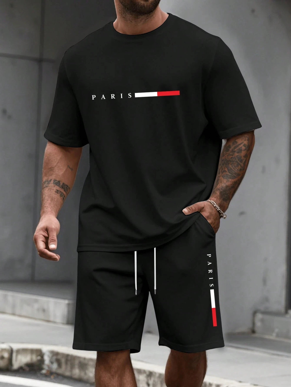Paris-Buchstaben-Print Herren Frühling und Sommer Zweiteiler Set Lässiger Rundhals Kurzarm T-Shirt Shorts Sportanzug Bedruckte Kleidung