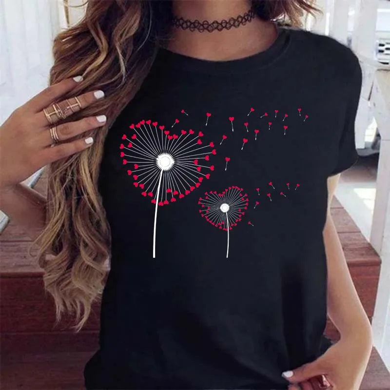 Neue Löwenzahn gedruckt Frauen T-Shirt Cartoon Grafik gedruckt schwarz Damen T-Shirt lässig Frau Shirt lustige T-Shirts