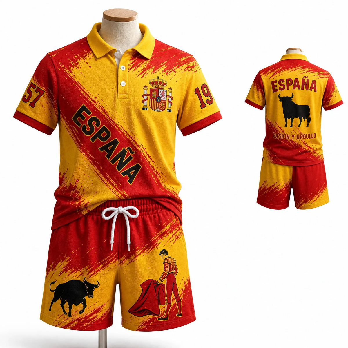 Kinder Spanien Polo-Shirt und Shorts Set für Jungen und Mädchen, Passendes Sommer-Outfit in Rot-Schwarz mit Wappen und Stier-Grafik, Lässiges Reise- und Urlaubsoutfit