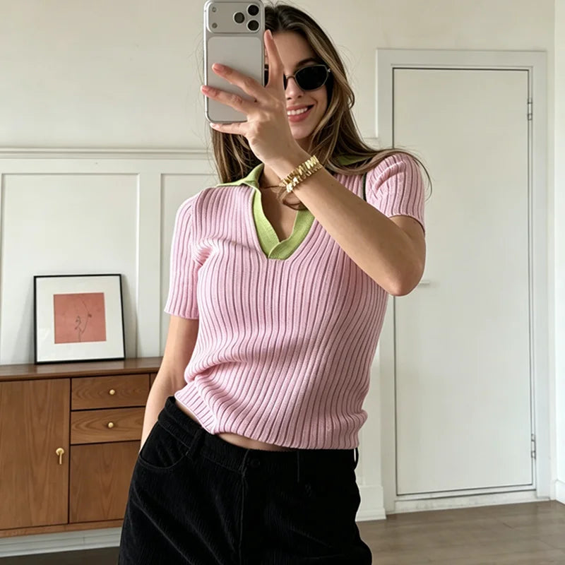 Gestricktes Kurzarm-T-Shirt für Damen mit Kontrastfarben, Schlankem Polokragen, Lässiger Pullover, Sommermode Damen Strick-T-Shirt 2026 Neu