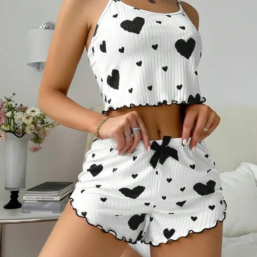 Frauen Nachtwäsche Herbst Winter Pyjamas Sets Herz Druck Ärmellose Cami Weste mit Lange Hosen Hosen Set Sexy Dessous Pyjamas
