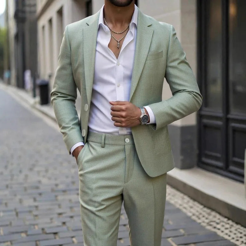 KIDWHXR Herren 2-teiliges Hochzeits-Set Koreanischer Einfarbiger Einreihiger Blazer mit Taschen Gerade Geschnittene Hose Schlanker Casual Anzug Outfit