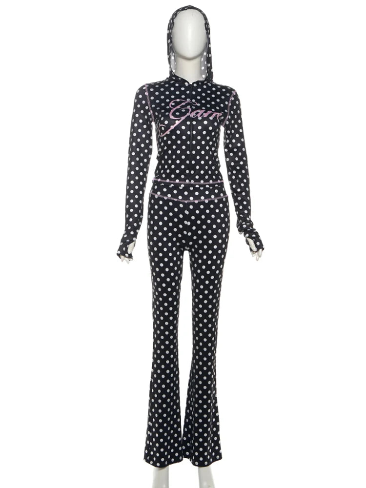 Kliou Polka Dot Letter Print 2-teiliges Set Frau Herbst Trend Sexy Nabel freiliegende Kapuzenoberteile + dünne pfirsichfarbene Hüfte lange Hose Streetwear